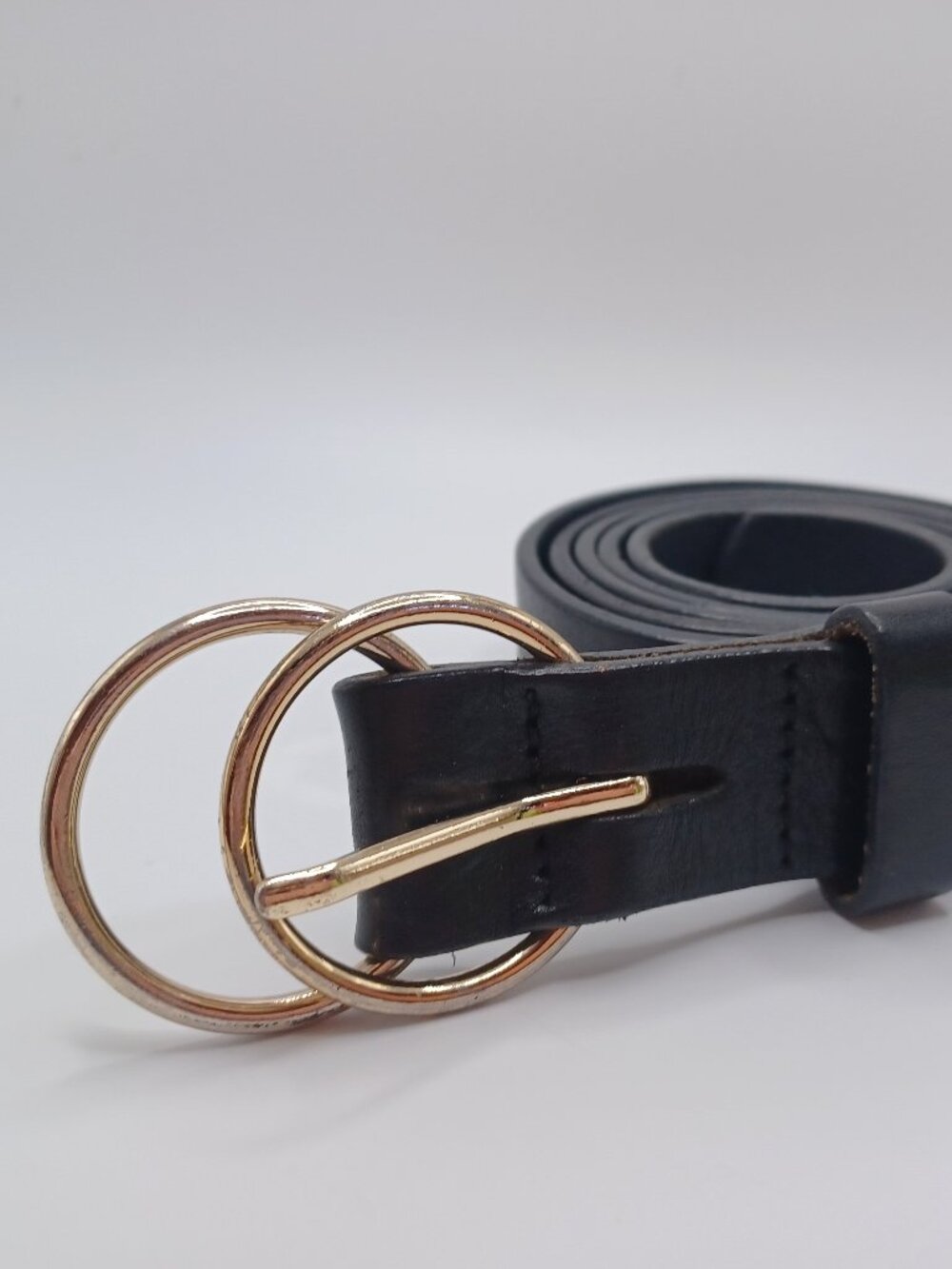 Landes Canada Genuine Italian Leather Double Ring Buckle Belt Minimalist L Black